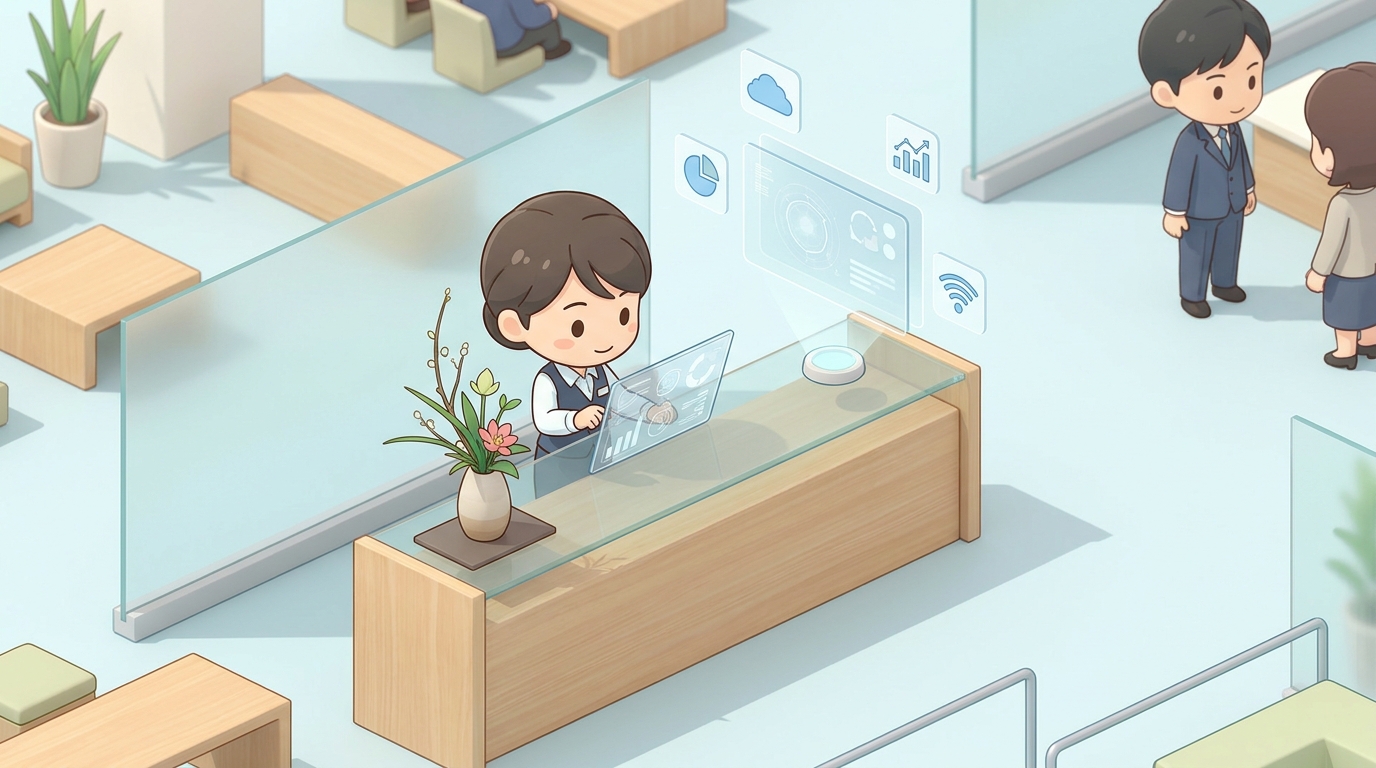 An event staff member checking a detailed regulation sheet next to an elegant flower stand, focused and professional atm