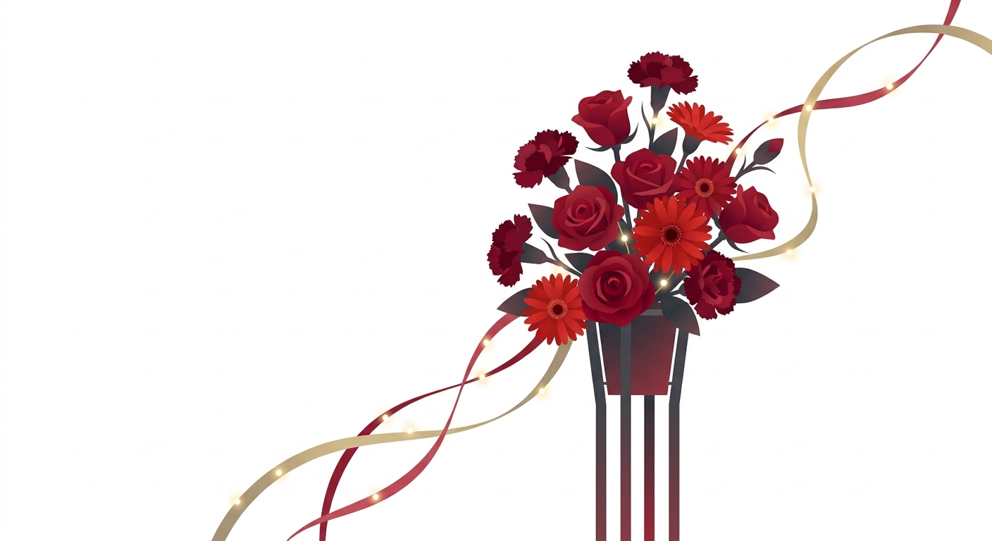 A vibrant red flower stand (floresta) for a grand celebration, featuring a variety of red roses, carnations, and gerbera