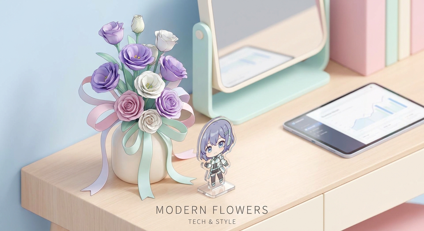A close-up of a stylish tabletop flower arrangement with vibrant purple and white flowers, featuring elegant ribbons and