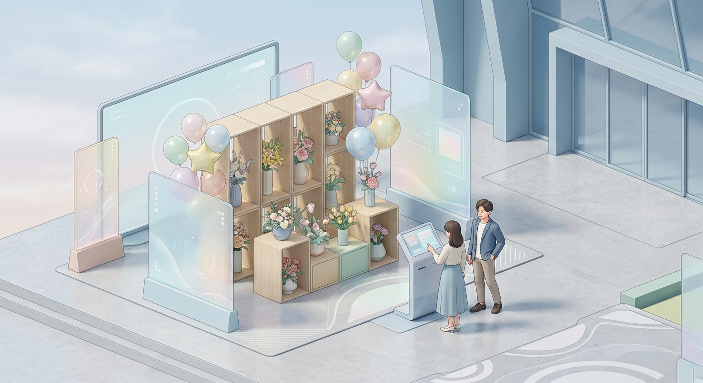 A vibrant and elegant flower stand with colorful balloons and decorative panels displayed at a Japanese concert venue en