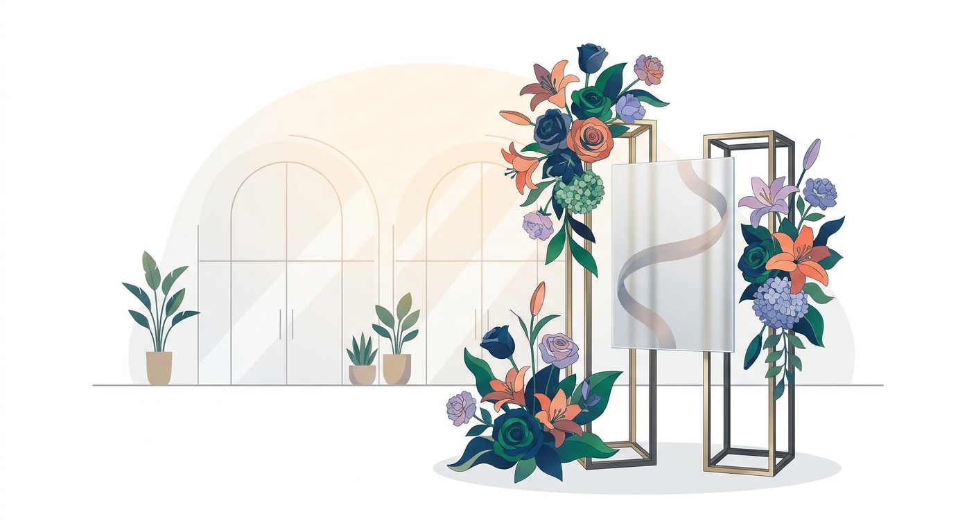 A beautiful, large floral stand (stand flower) with various colorful flowers like roses, lilies, and hydrangeas, a dedic