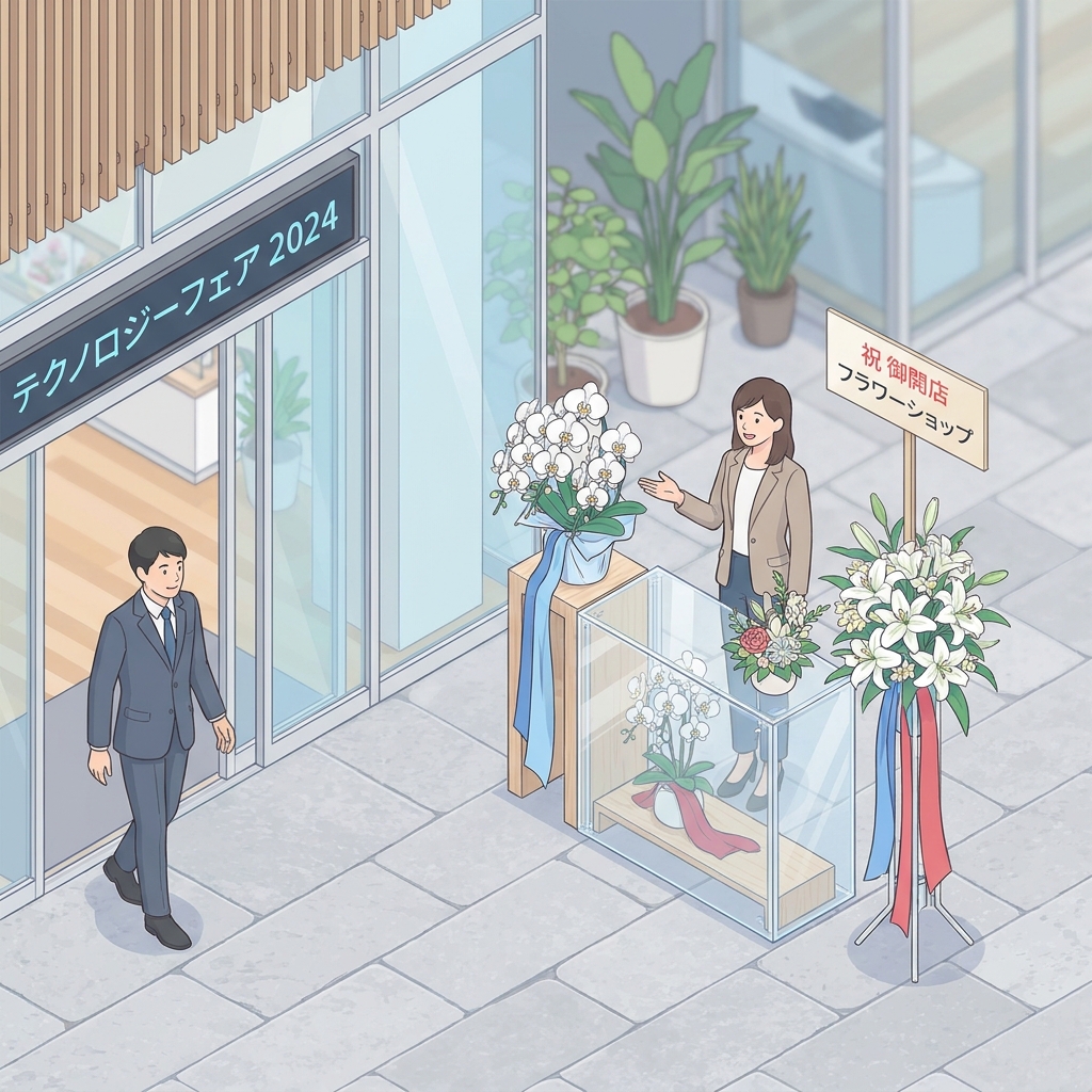 A modern flower stand with blue and red ribbons, clear acrylic panels, and elegant white flowers set up near an event sp