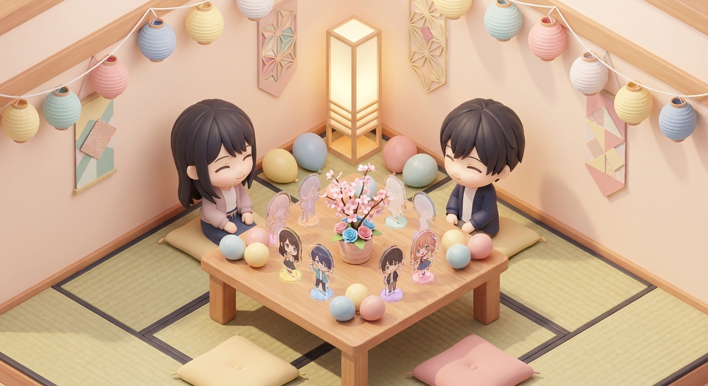 A beautifully decorated room for an anime character's birthday party, featuring a colorful table arrangement with acryli