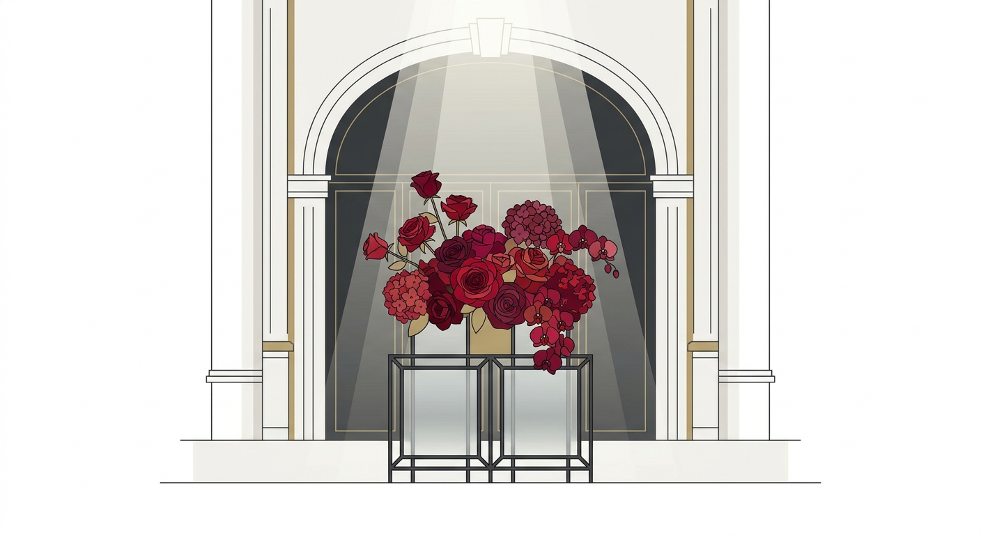 A grand and opulent red flower stand (furasta) overflowing with various shades of red roses, hydrangeas, and orchids, dr