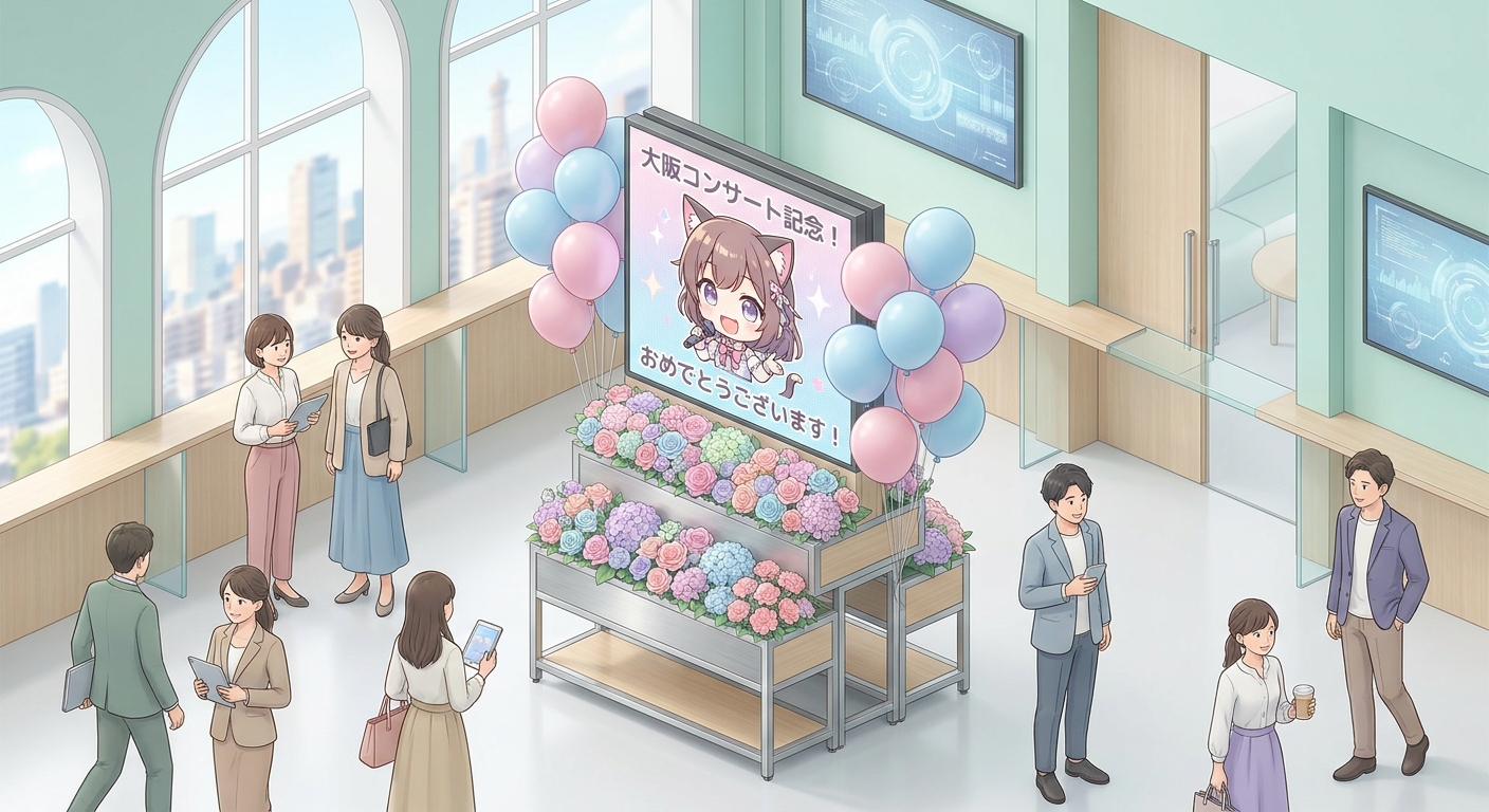 A colorful, double-decker flower stand (flasta) decorated with pastel pink and light blue balloons, featuring a custom a