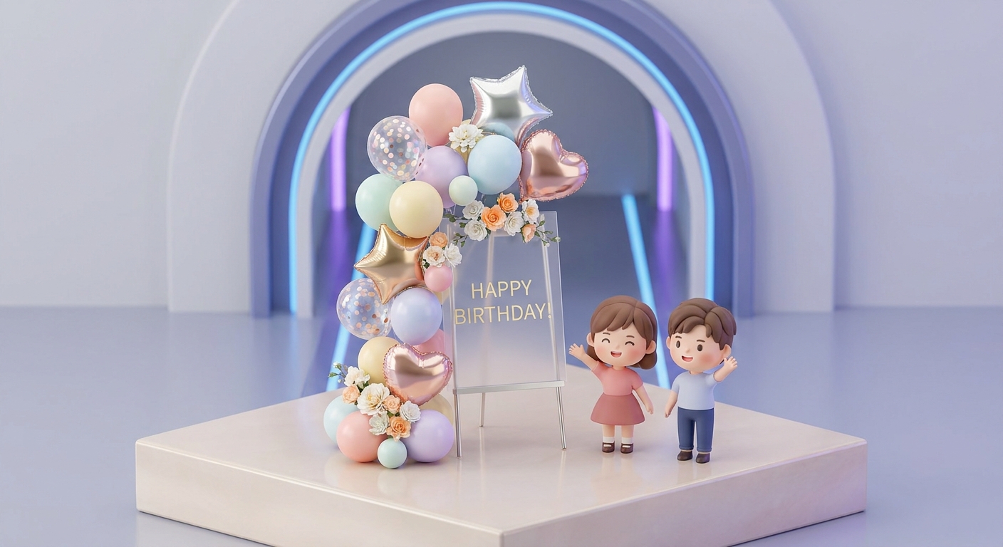 An eye-catching balloon stand arrangement for a birthday celebration, featuring a mix of colorful latex and foil balloon