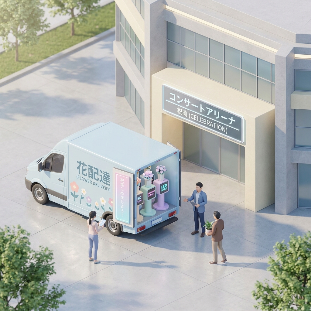A modern flower delivery van parked outside a large concert arena, ready to deliver beautiful celebratory flower stands