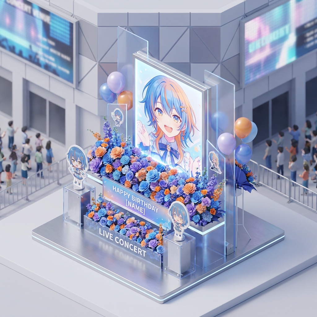 A vibrant and elaborate flower stand (flasta) for an anime character's birthday celebration, prominently featuring a lar