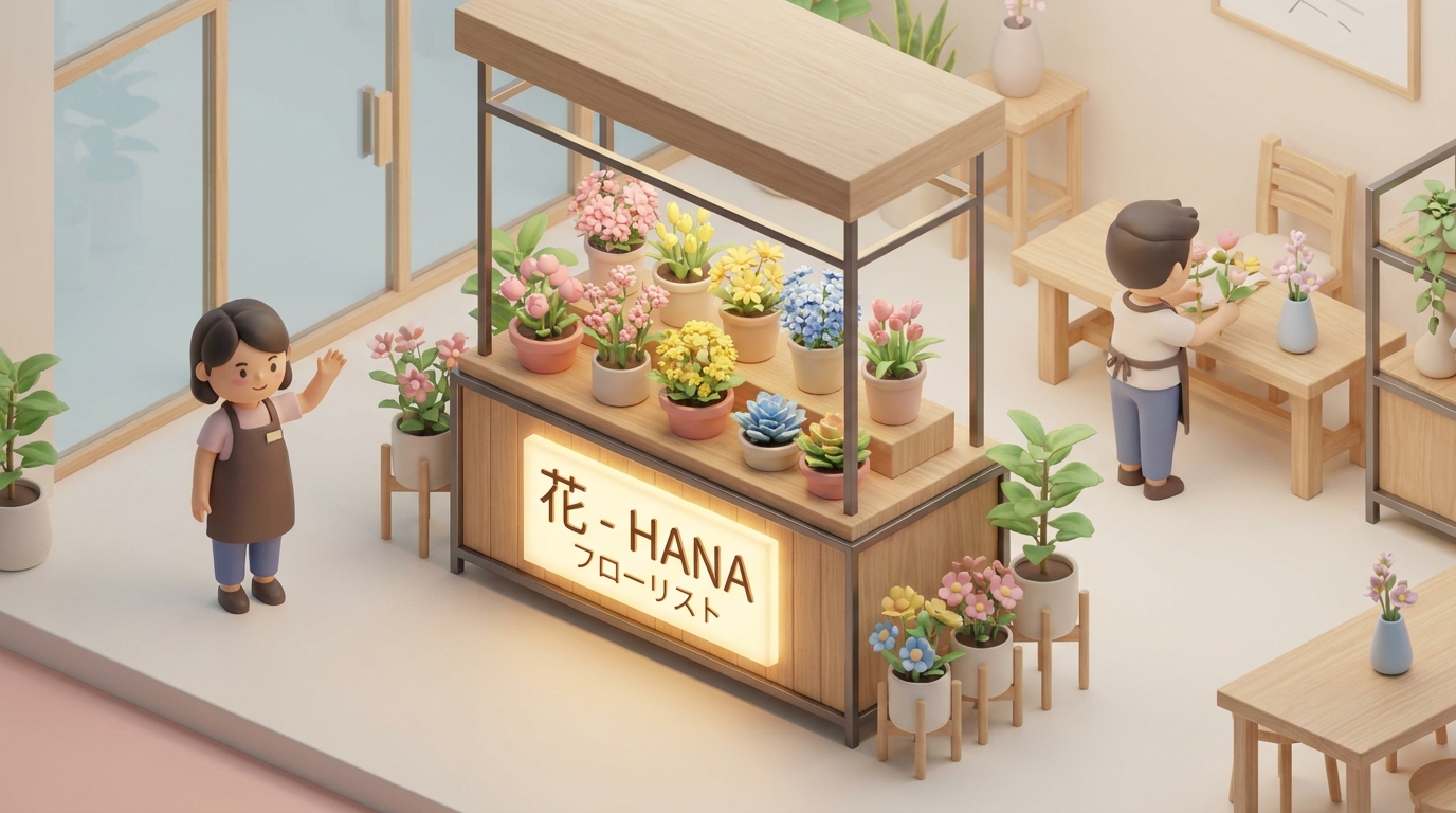 A close-up of a vibrant flower stand with custom lettering on a nameplate, illuminated by warm stage lights, highly deta