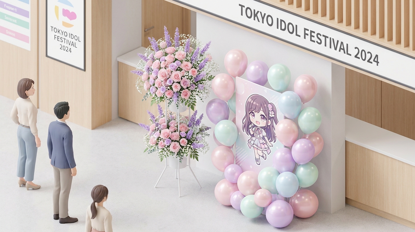 A stunning, double-tier flower stand (flasta) for an idol event, adorned with pastel pink and lavender flowers, shiny ba