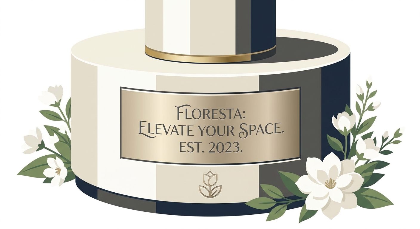 A close-up view of the base of a luxurious white flower stand (floresta), highlighting a custom-designed message panel.