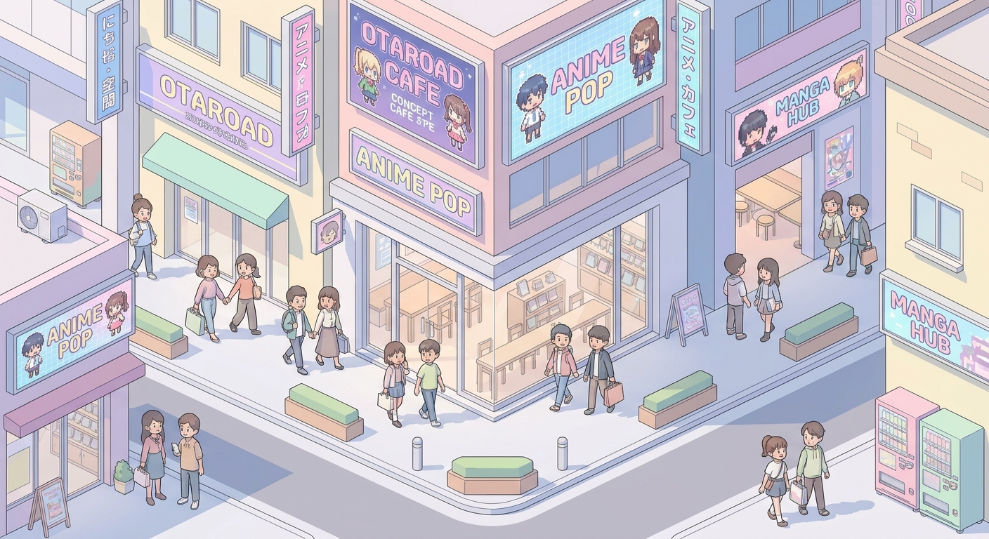 A vibrant street view of Osaka's Nipponbashi Otaroad with colorful anime and concept cafe signs, bustling with youth and