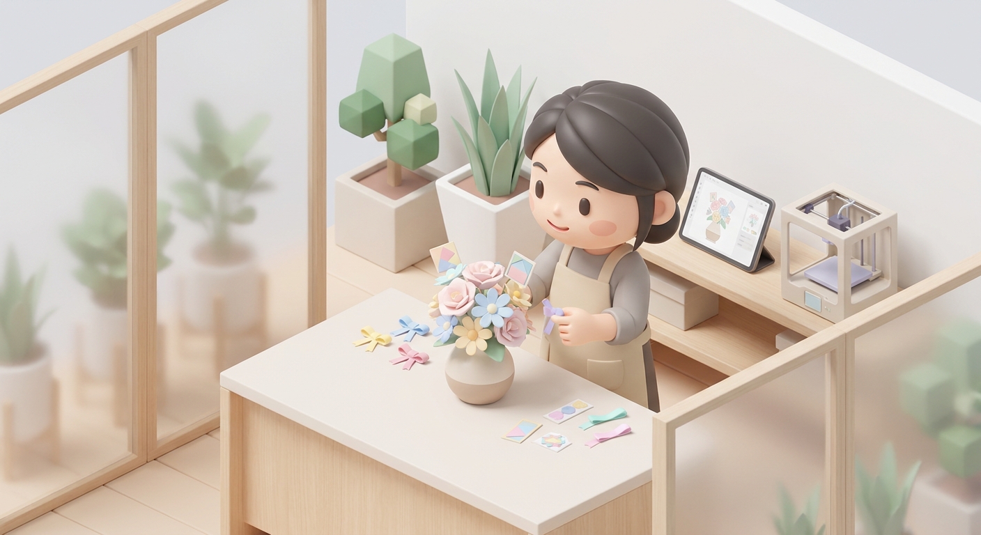 A florist carefully preparing a tabletop flower arrangement, placing colorful ribbons and custom panel decorations in a