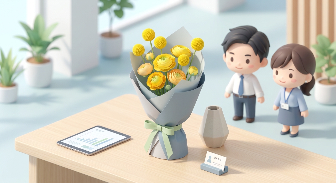 A close-up of a stylish tabletop flower arrangement with bright yellow flowers, elegantly wrapped and placed on a wooden