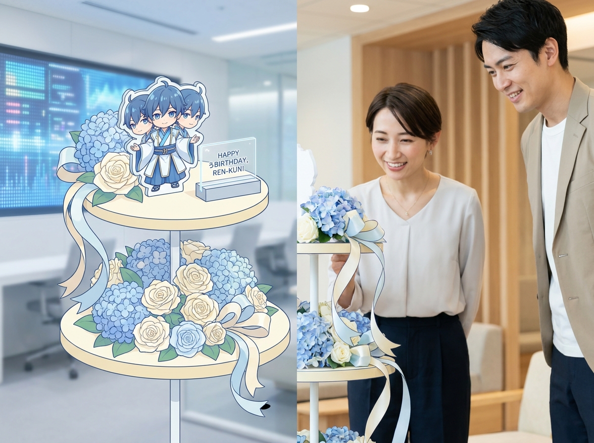 A close-up of a customized two-tiered flower stand (flasta) featuring blue and white flowers, elegant ribbons, and a cus