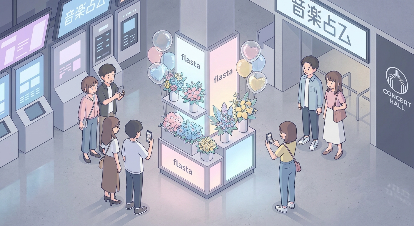 A colorful flower stand (flasta) with balloons and panels displayed at a concert venue, with fans looking at it happily,