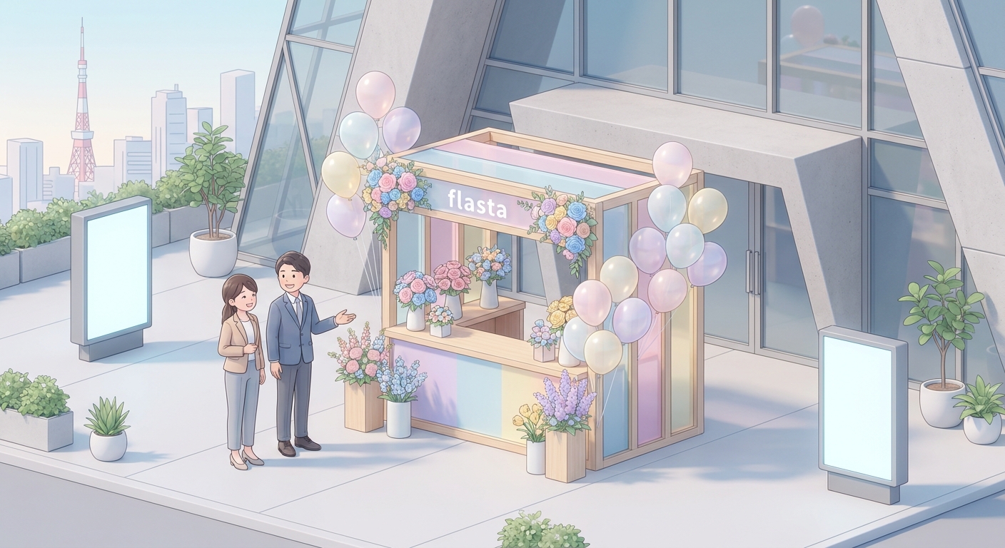 A beautiful, vibrant flower stand (flasta) with colorful balloons and custom panels, displayed at a modern concert venue