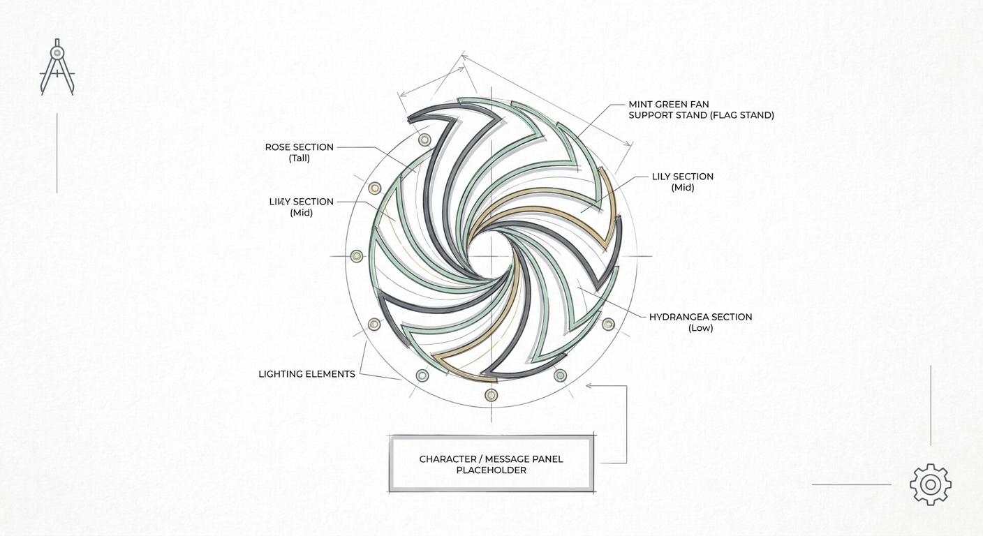 An overhead shot of a creative mint green fan support flower stand (flag stand) design sketch on a blueprint or white pa