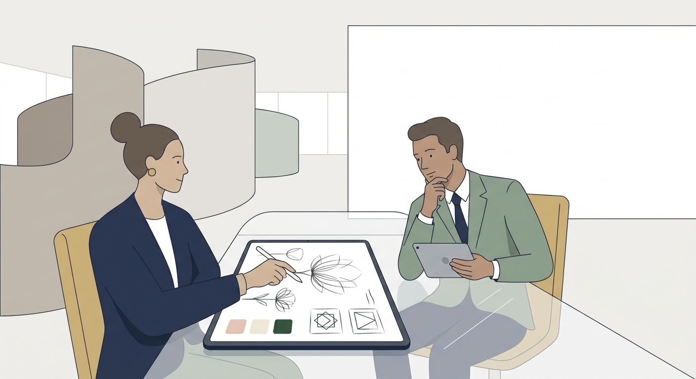 A designer and a client discussing floral stand design ideas on a tablet, showing sketches of different flower arrangeme