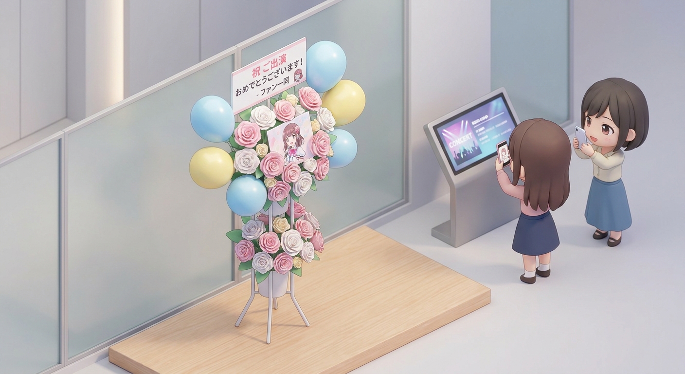 A beautiful and colorful custom-made flower stand for a Japanese idol event, featuring pastel pink and white roses, cute