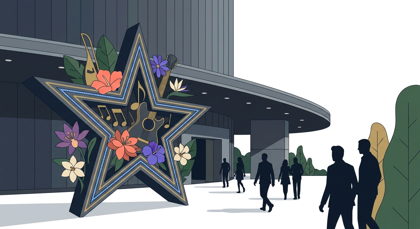 A stunning, large congratulatory flower stand (flat star) prominently displayed at a concert venue entrance, featuring a