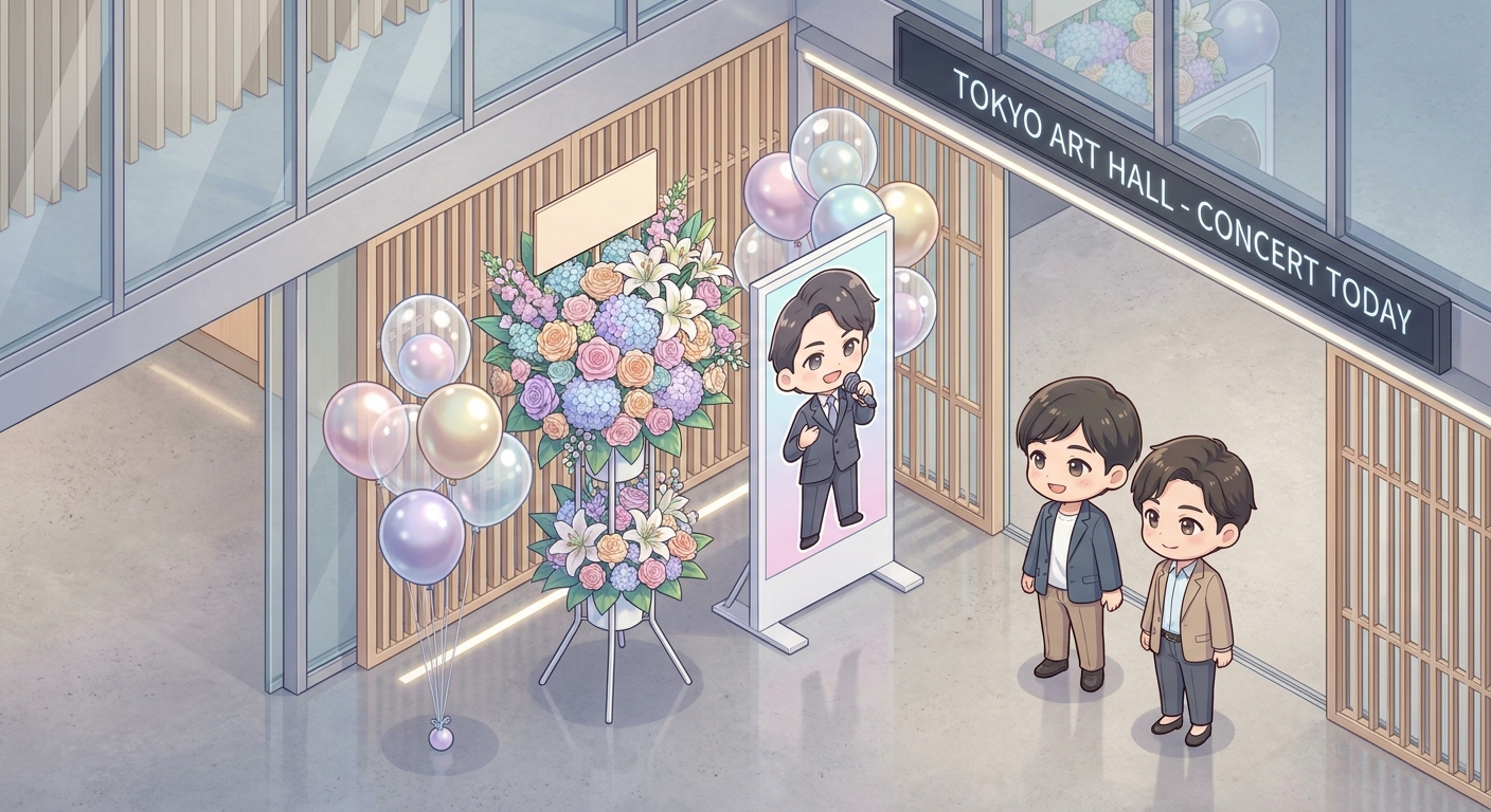 A beautiful and colorful customized flower stand (flasta) with balloons and a character panel, displayed at a modern con