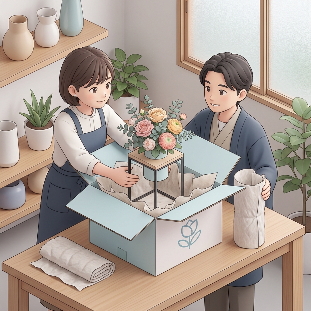 A delivery box designed for flowers being safely packed with protective materials, showing a tabletop flower stand insid