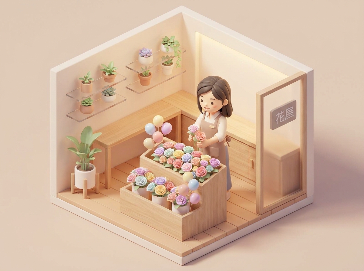 A florist carefully arranging a custom-made flower stand with colorful roses and balloons in a clean workshop, professio