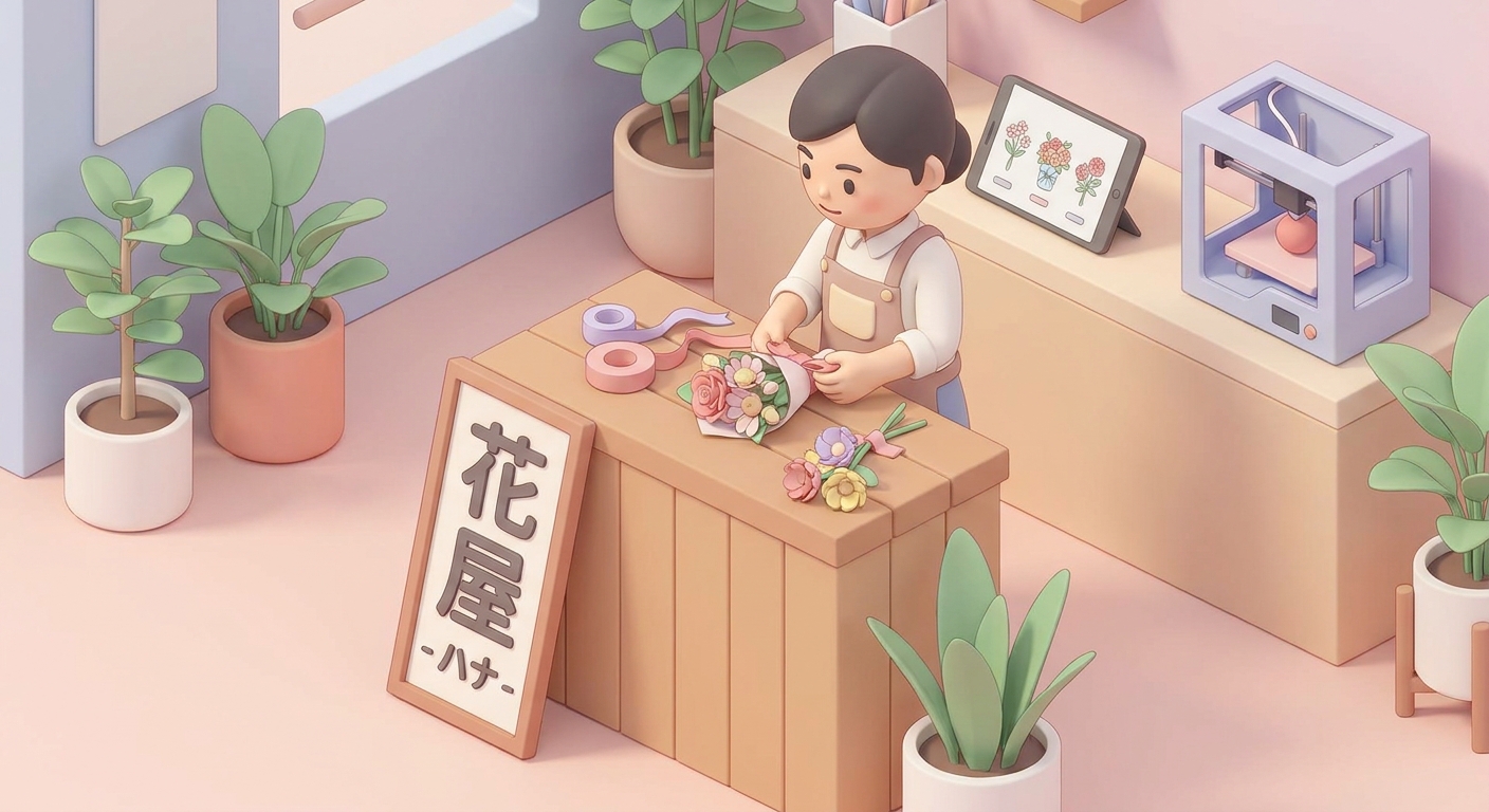 A professional florist carefully assembling a beautiful flower stand with ribbons and a custom sign, focused and skilled
