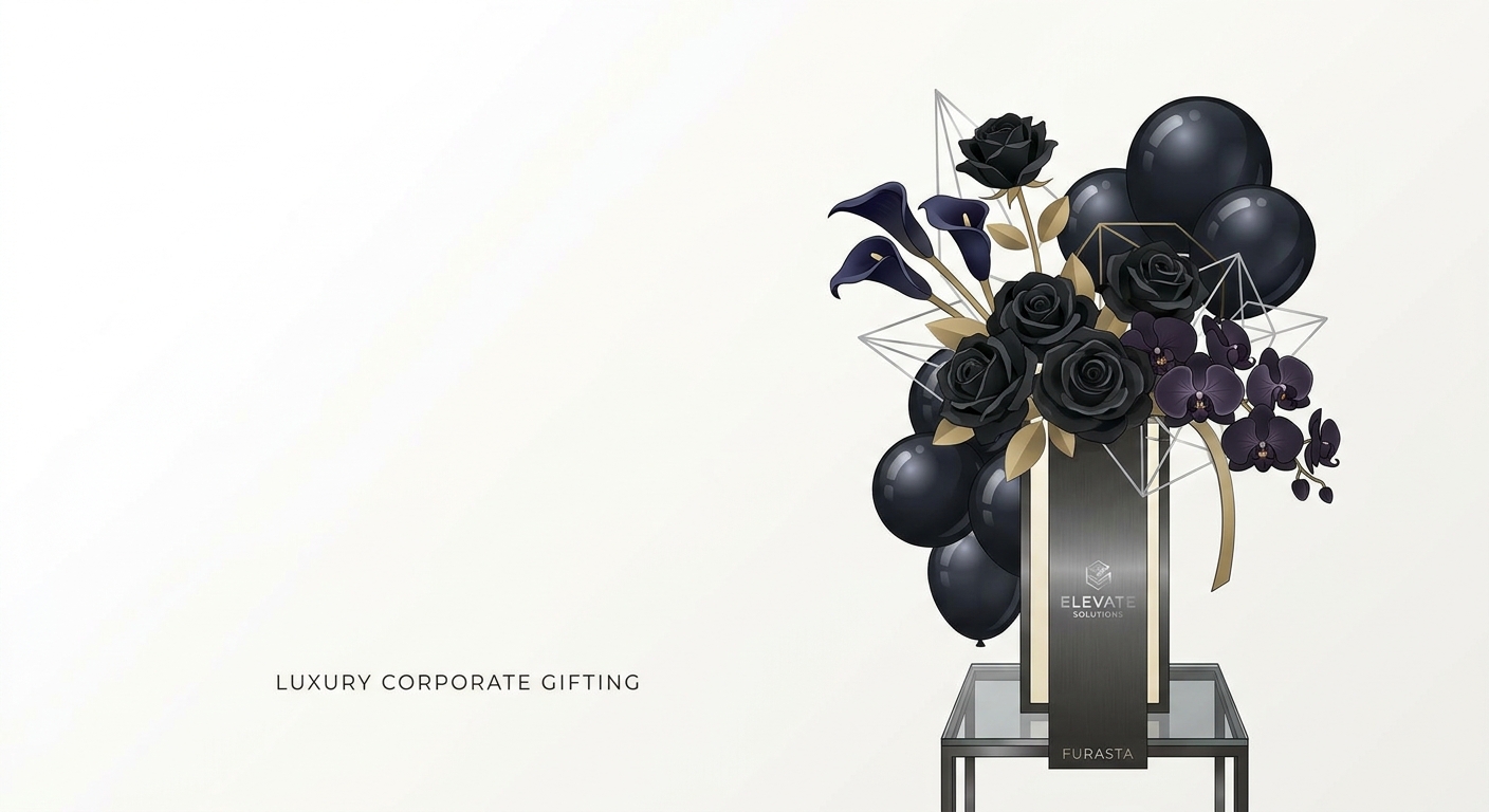 A luxurious and sophisticated black floral stand (furasta) arrangement. It features a rich variety of dark-toned flowers