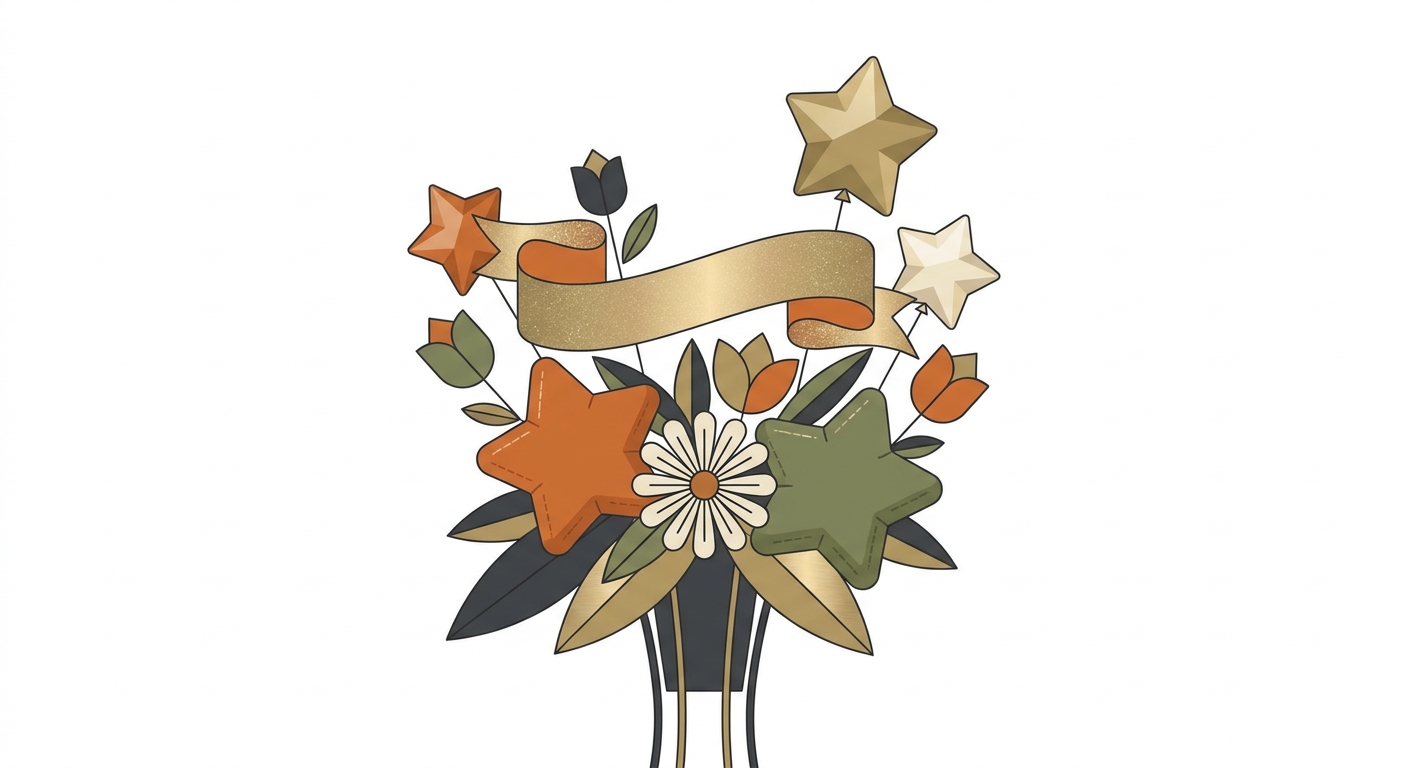 An elaborate and whimsical stand flower arrangement dominated by a mix of bright orange and green, incorporating plush t