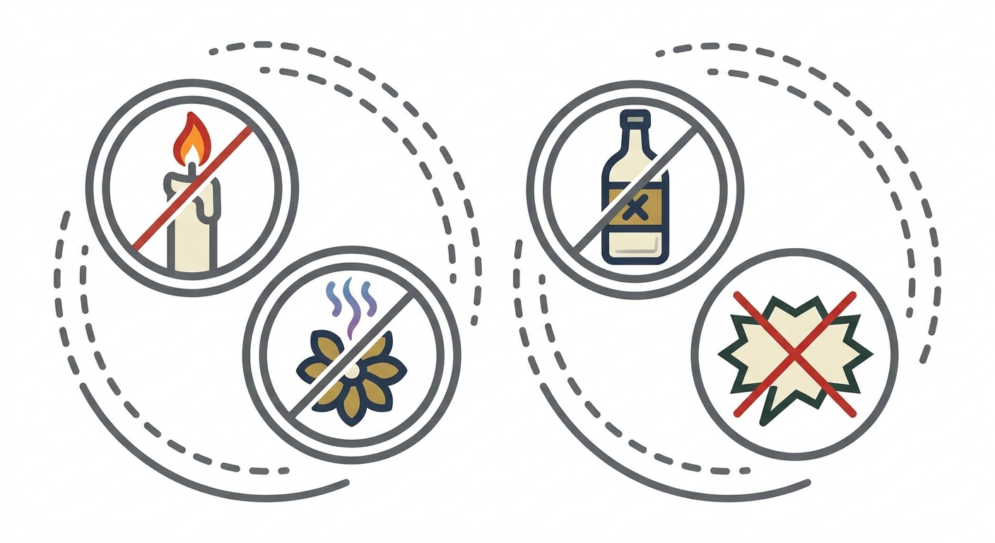 Illustrations of various prohibited items for flower stands: a burning candle (fire hazard), a strong-smelling flower wi