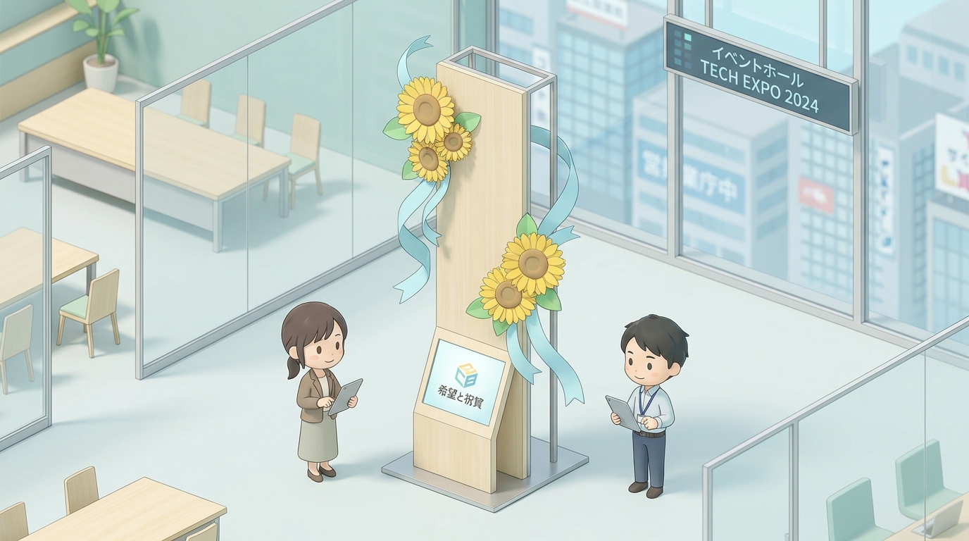 A beautiful tall flower stand decorated with vibrant yellow sunflowers and elegant blue ribbons, set in a modern event h