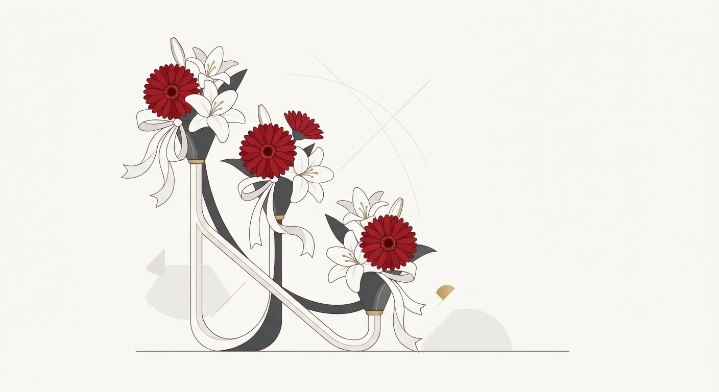 A vibrant red and white flower stand (furasta) featuring alternating patterns of bright red gerberas and pure white lili