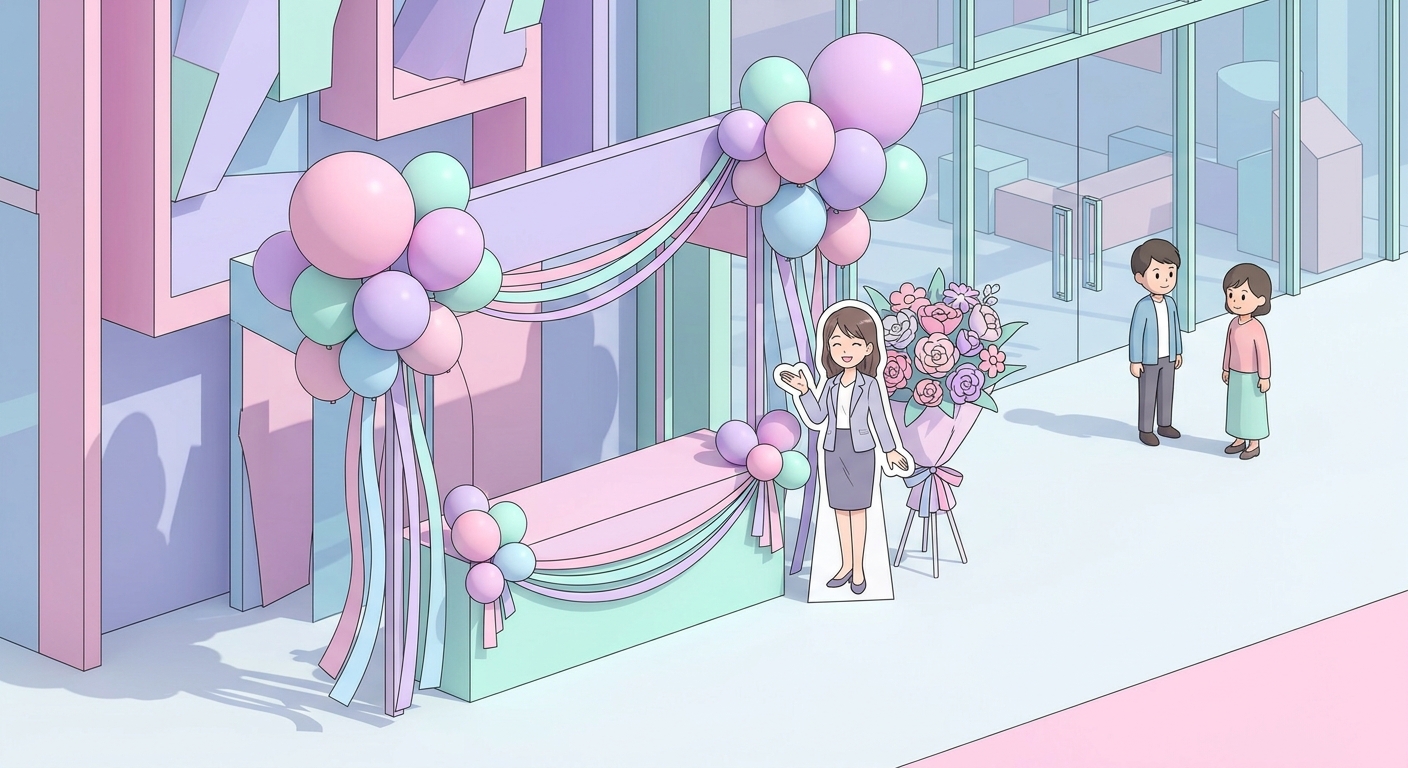 A stunning pink and purple flower stand decorated with large balloons, elegant ribbons, and a character illustration pan