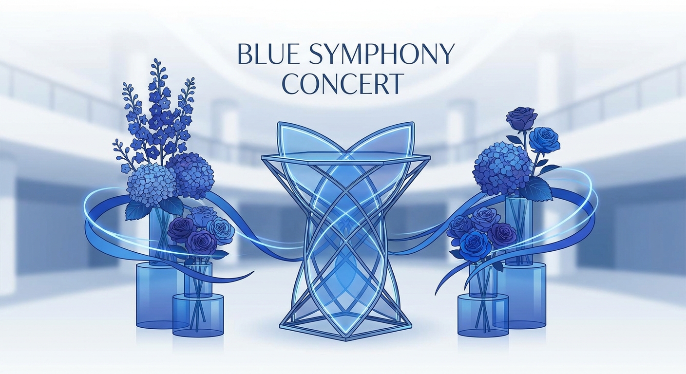 A stunning, elaborate blue flower stand (furasta) for a concert, featuring various shades of blue flowers like delphiniu