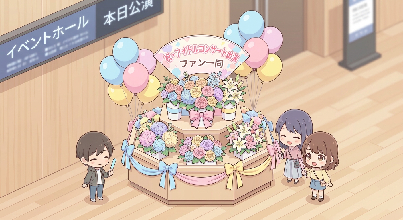 A beautiful and colorful flower stand (flasta) decorated with balloons, ribbons, and a customized fan panel, placed in a