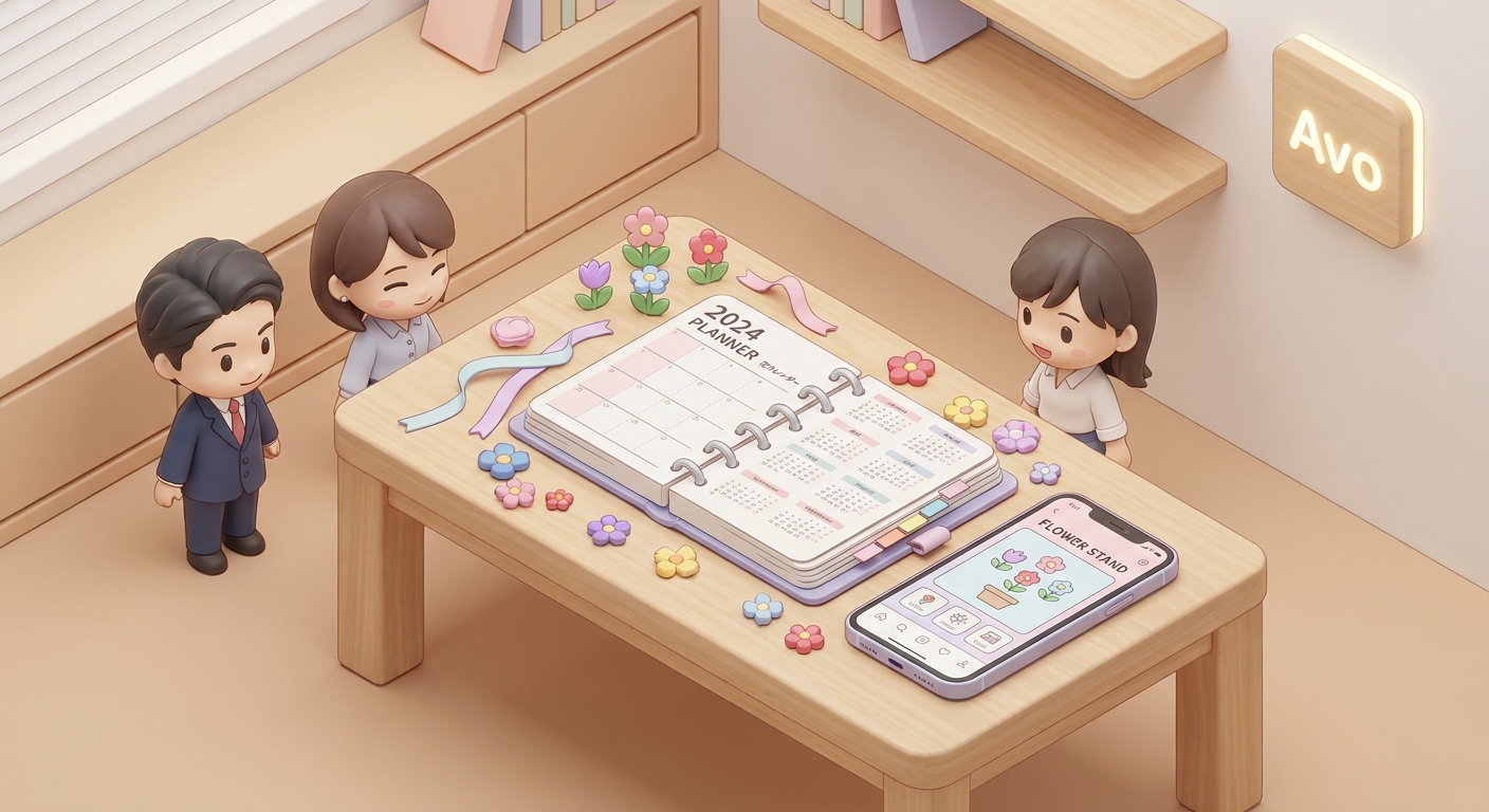 A detailed calendar or planner on a wooden desk, surrounded by colorful flowers, ribbons, and a smartphone showing a flo
