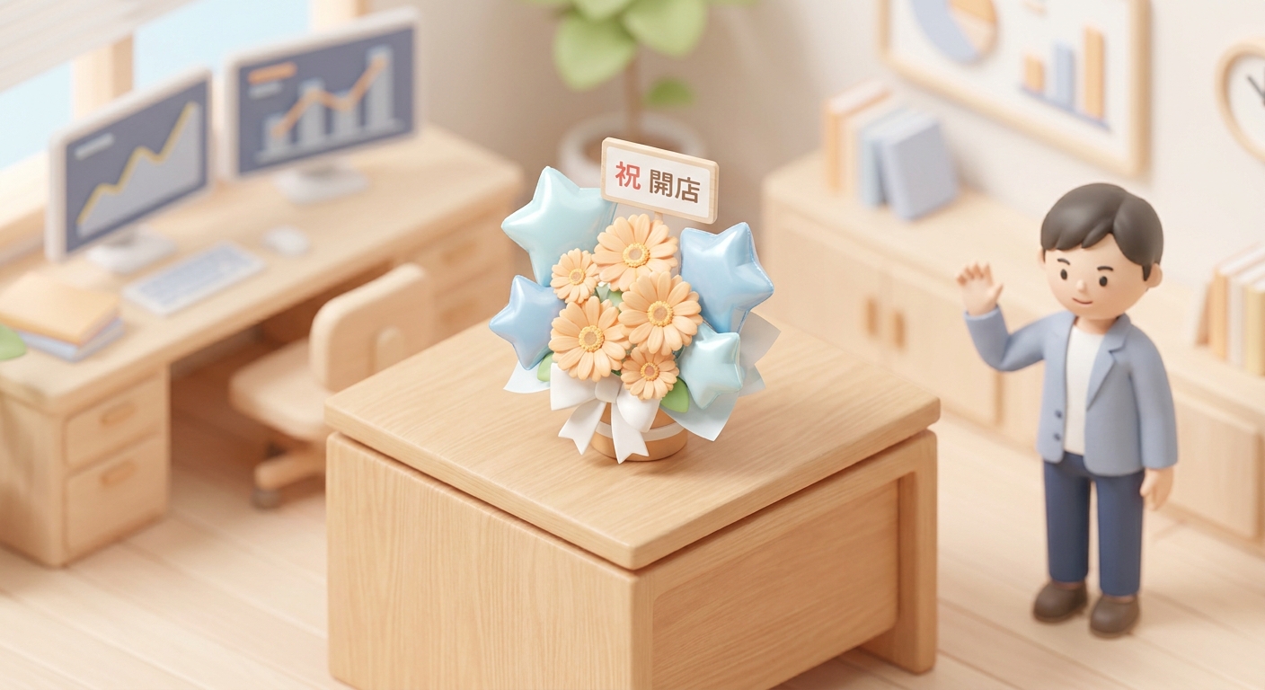 A close-up of a beautifully decorated table-top flower stand (楽屋花) featuring orange gerberas and small star balloons, si