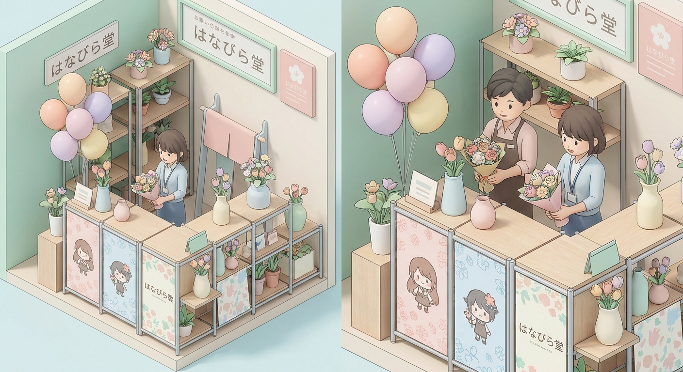 A detailed close-up of a vibrant flower stand with custom-printed character panels and pastel balloons, highlighting the
