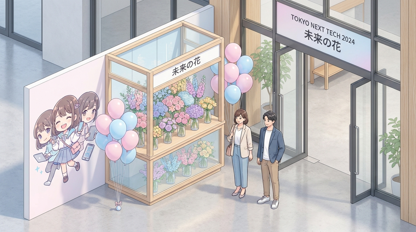 A colorful and beautiful flower stand with pastel pink and blue balloons, featuring a custom cute anime illustration pan