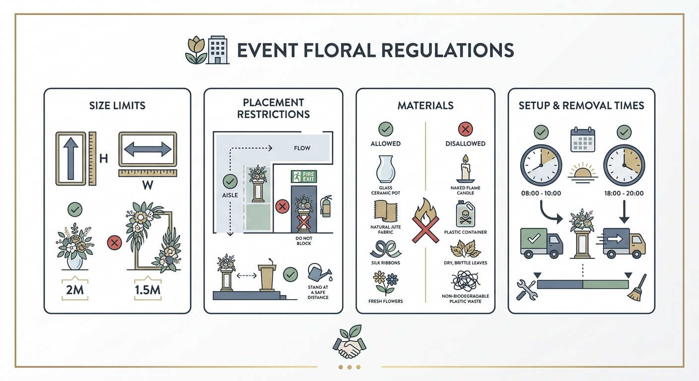 An infographic illustrating key regulations for floral stands in an event venue, showing icons for size limits (height, 