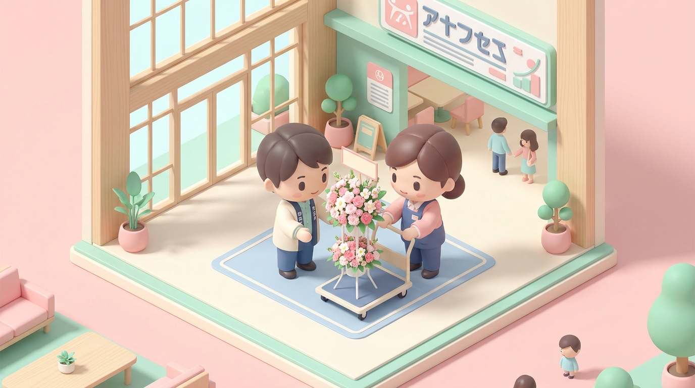 A beautiful pink and white flower stand being delivered and carefully placed at a concert venue lobby by a professional 