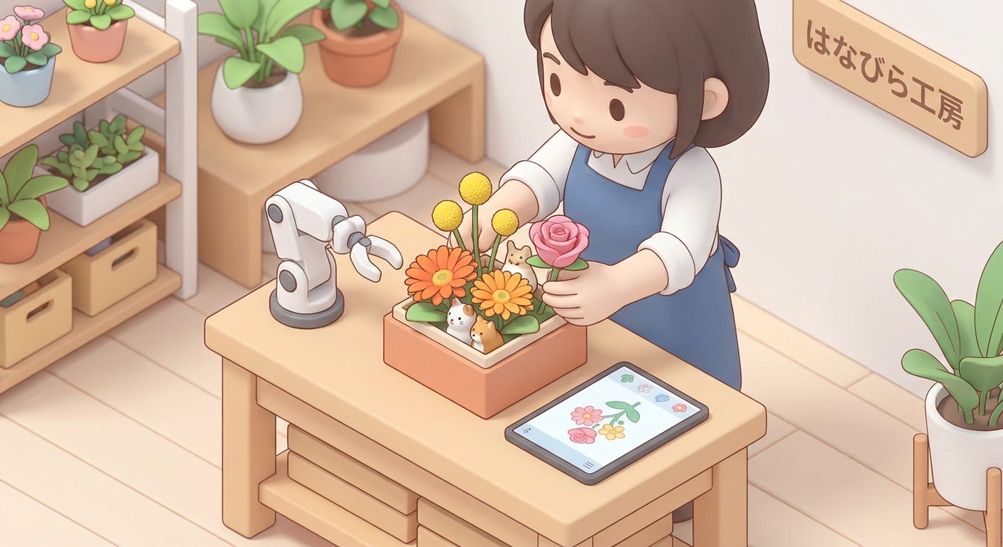 A close-up of a florist's hands carefully arranging vibrant roses, gerberas, and cute decorations on a compact tabletop