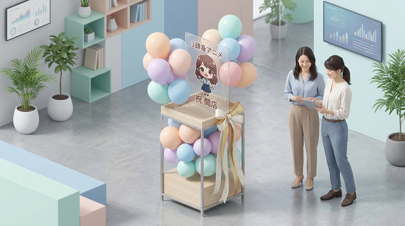 A close-up of a beautifully designed compact flower stand with layered pastel balloons, a high-quality character illustr