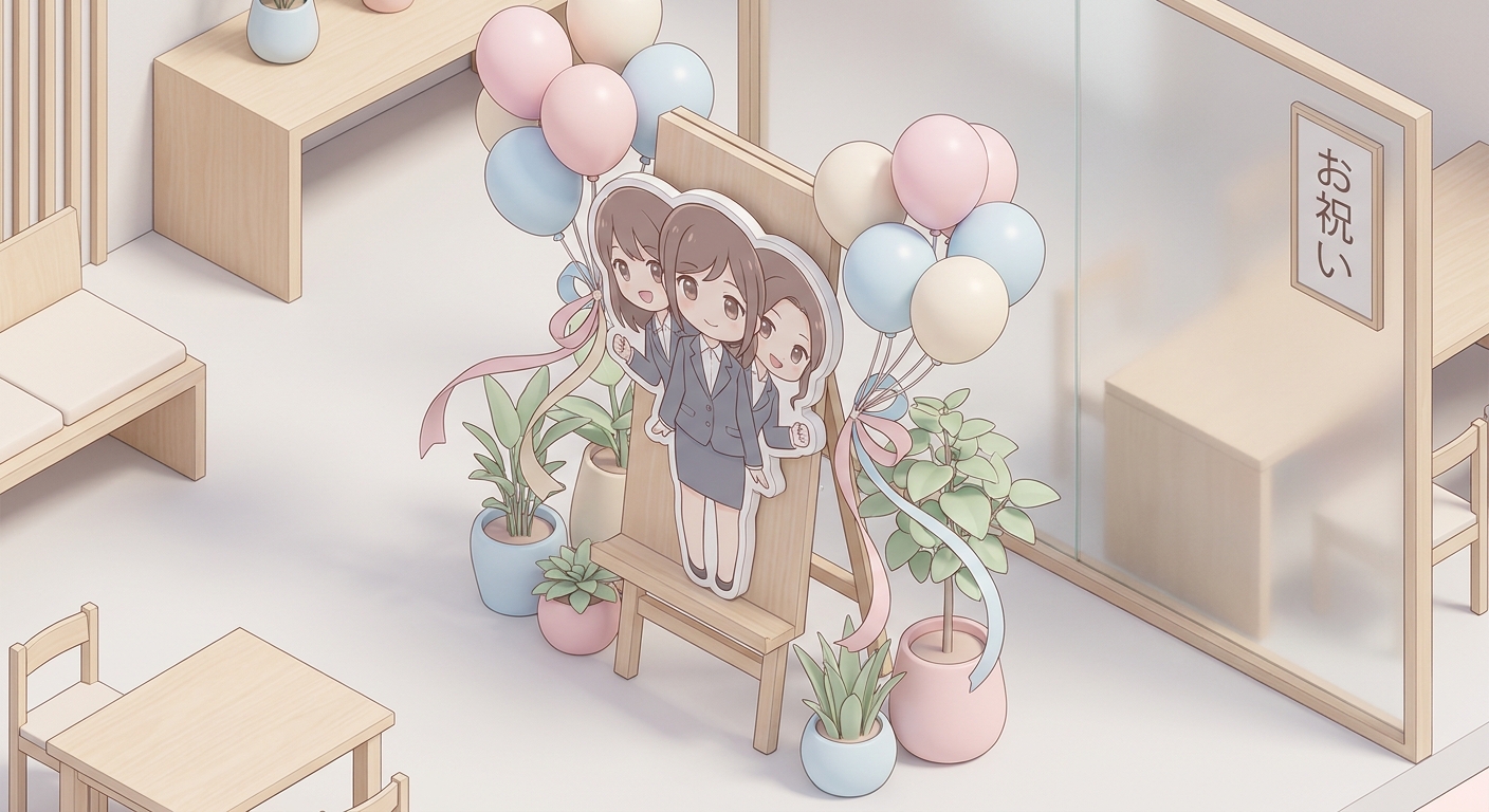 Close-up of a beautifully decorated character panel on a flower stand surrounded by matching pastel-colored balloons and