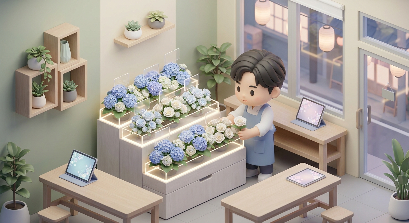 A florist carefully arranging a gorgeous blue and white flower stand with LED lights and custom acrylic nameplates insid
