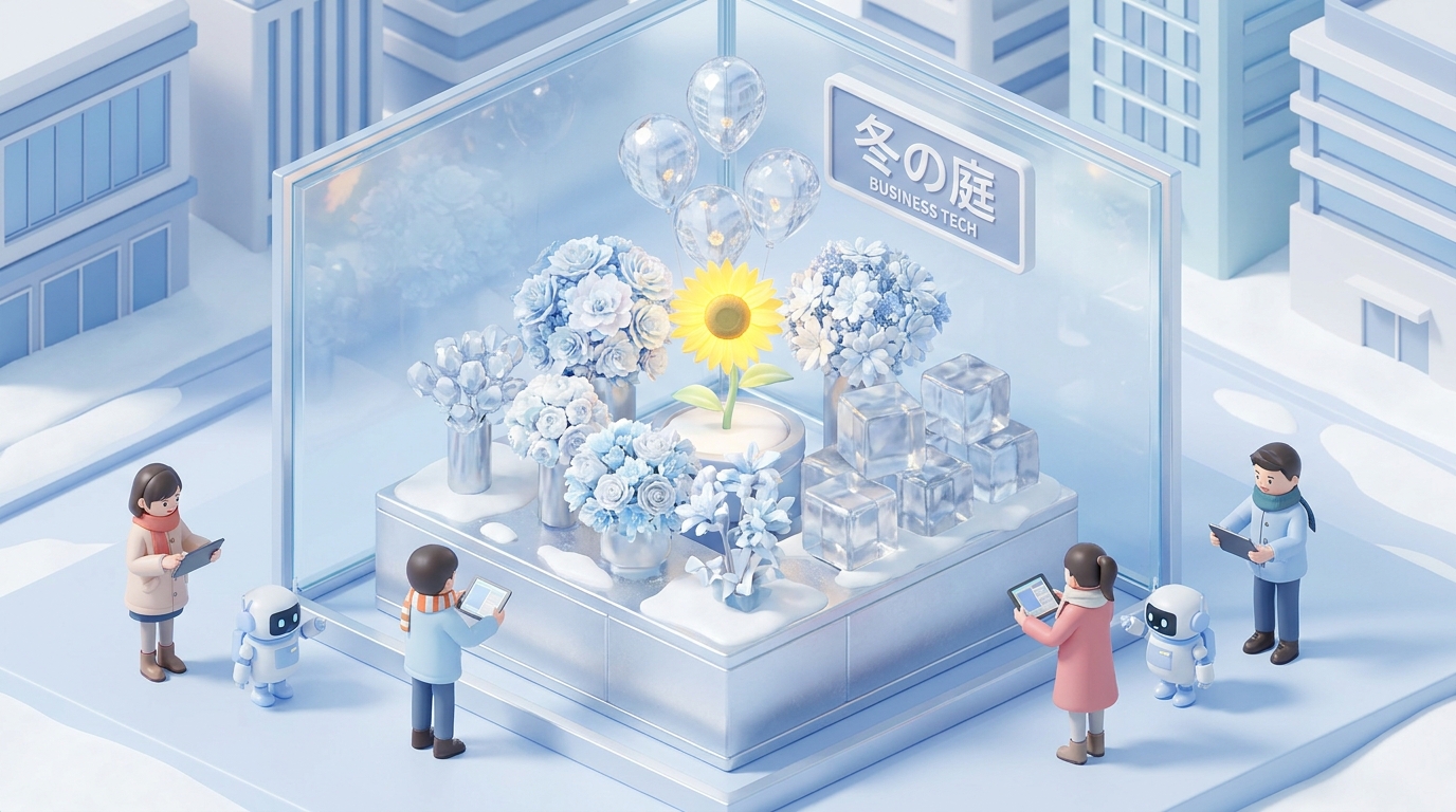 A beautiful flower stand with a snowy Russian winter theme, combining white and light blue flowers with ice-like silver