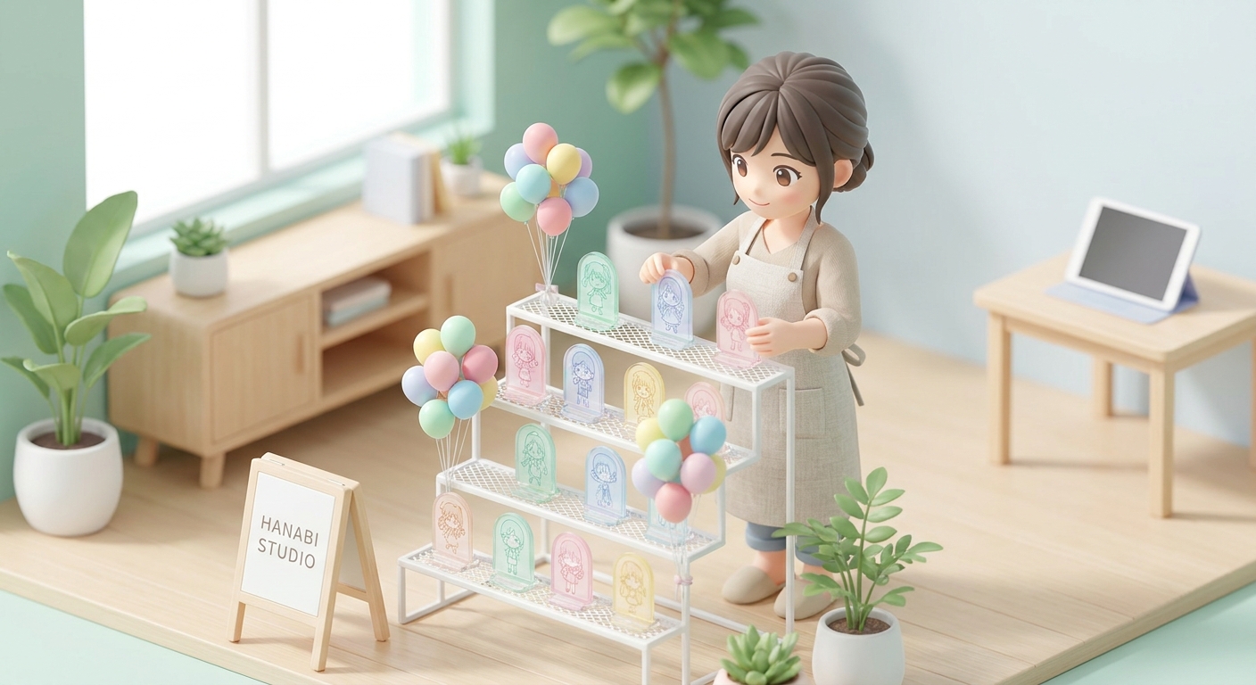 Close-up of a floral designer carefully arranging colorful balloons and custom character acrylic boards onto a white met