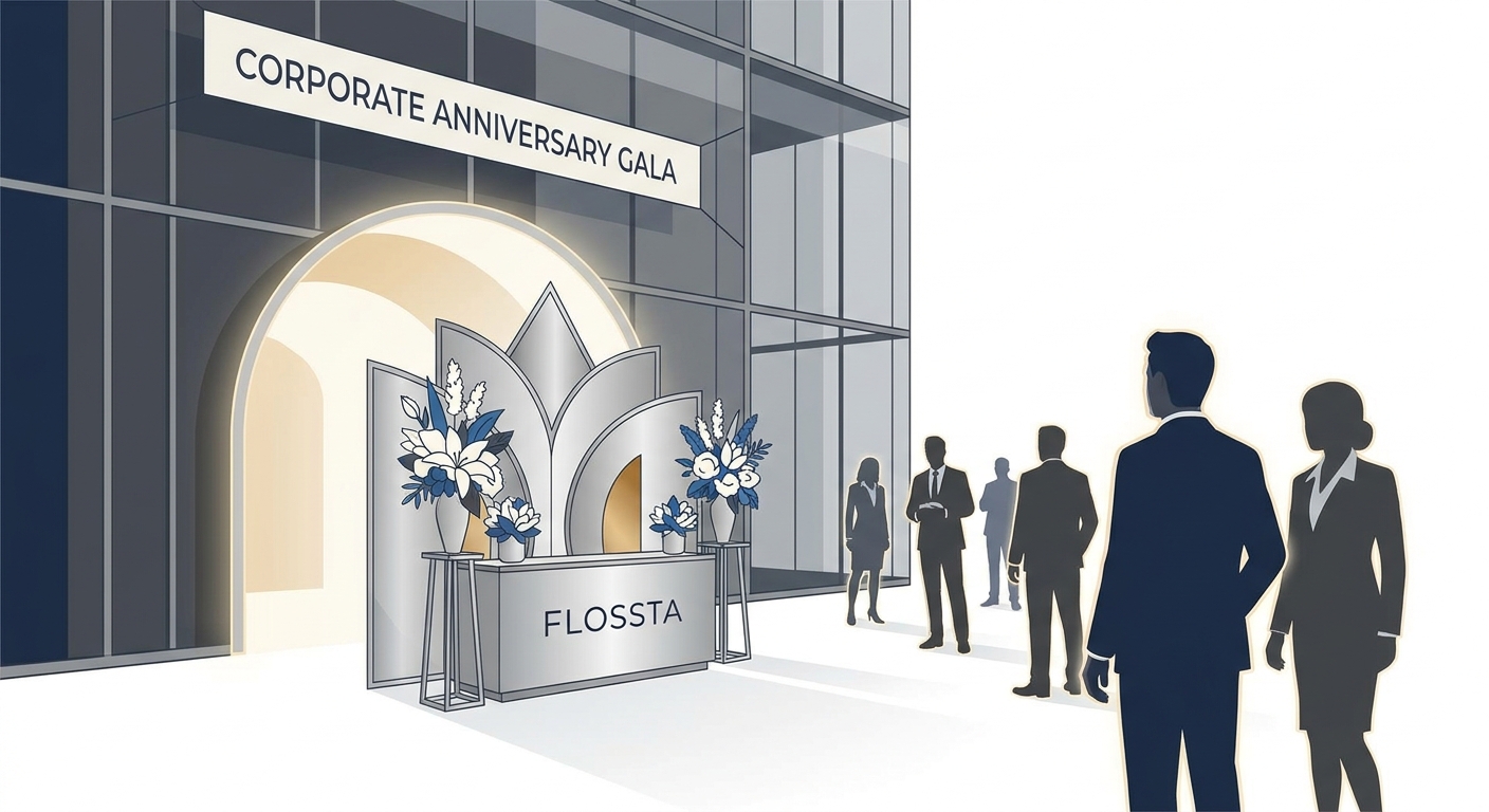A grand silver flower stand (flossta) standing prominently at the entrance of a modern event venue, perhaps a concert ha